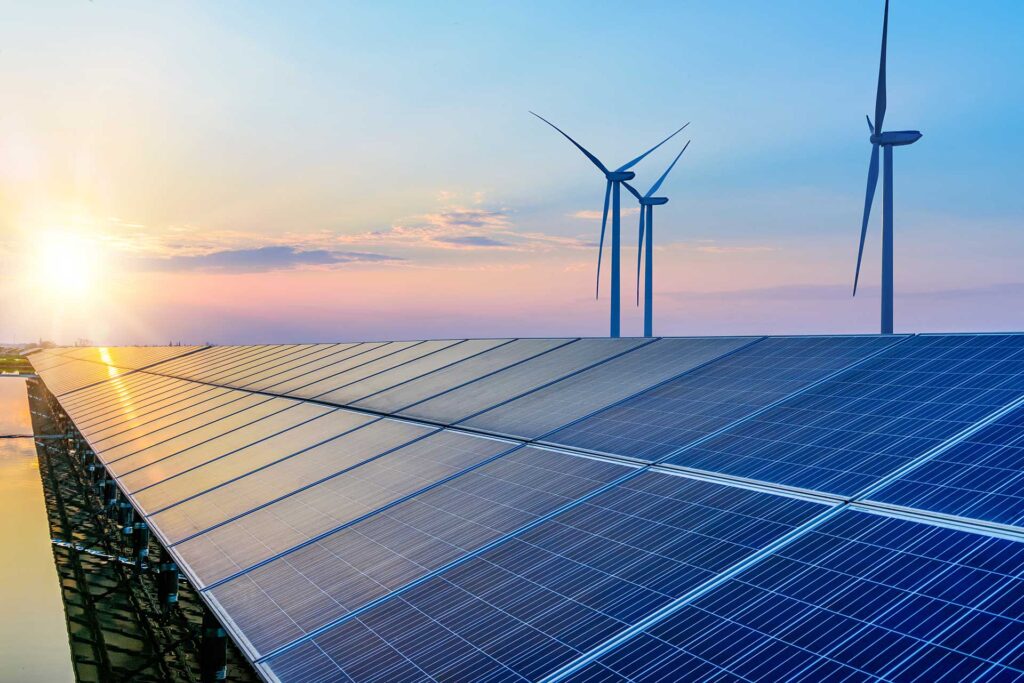 Solar and wind farm producing renewable energy